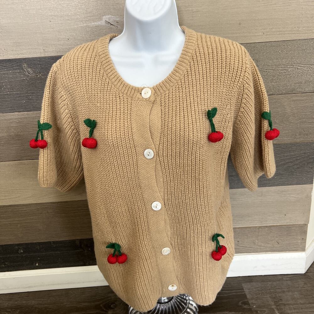 Fashion Cherry Knit Cardigan Cherry Crochet Tan Sz Xs Short Sleeve Grandmacore